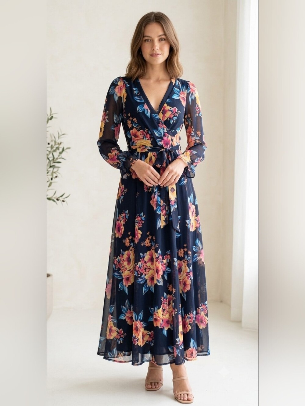 Floral Wrap Dress - Black and Multicolor